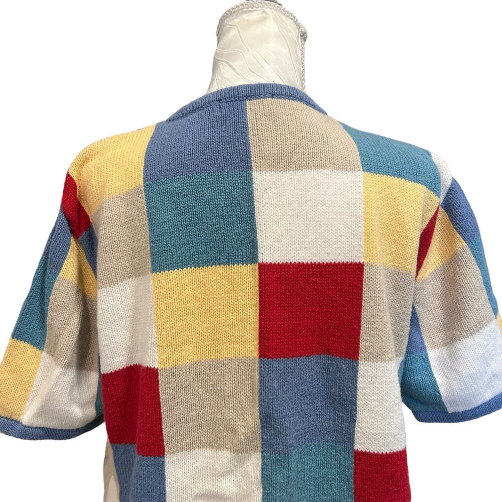 Patchwork Checked Knit Short Sleeve Cardigan Wome… - image 7